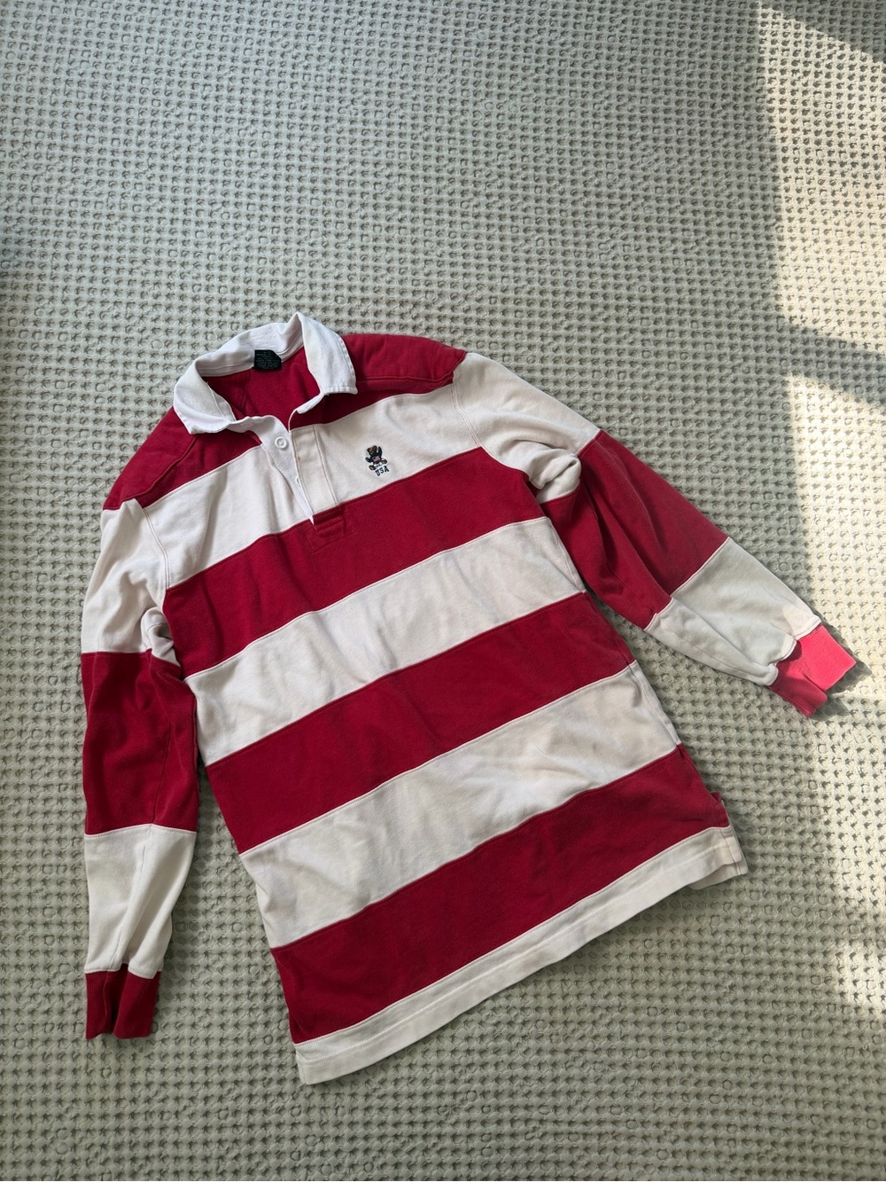 Red & White Rugby-Style Long Sleeve Polo Shirt